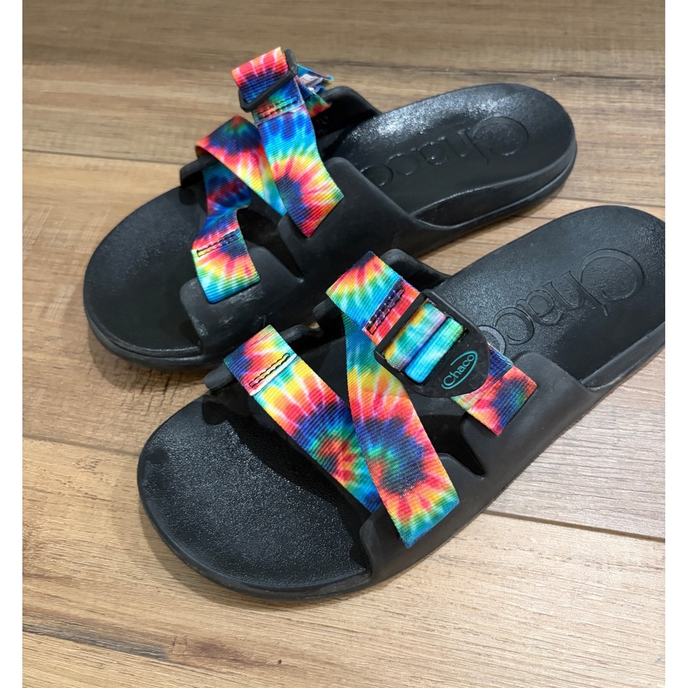Chaco Chillos Slide Sandals Womens 10 Tie Dye Rainbow Adjustable Straps Black